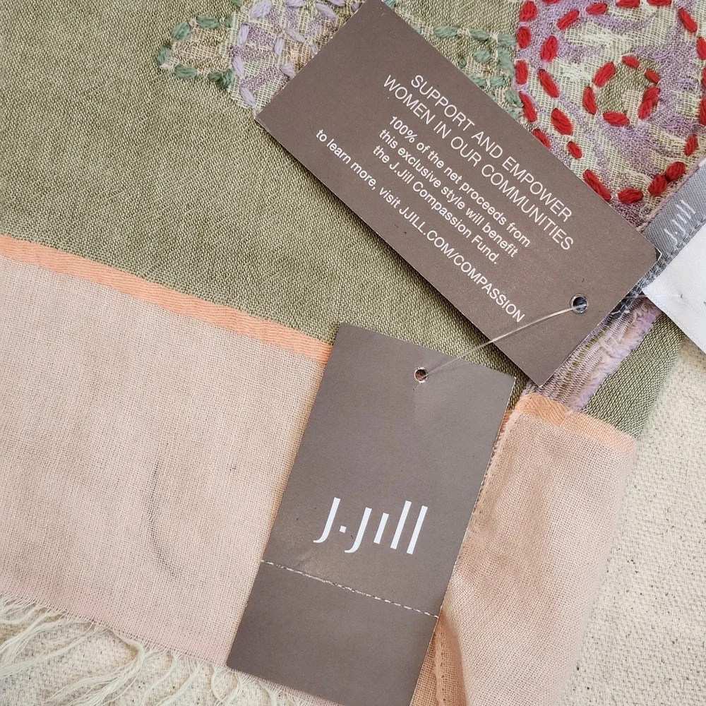 New J. Jill Cotton Floral Embroidered Fringe Scarf Pink Green Kantha Light